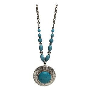 Silver Tone Faux Turquoise Beaded Statement Necklace Boho Southwestern‎ Style